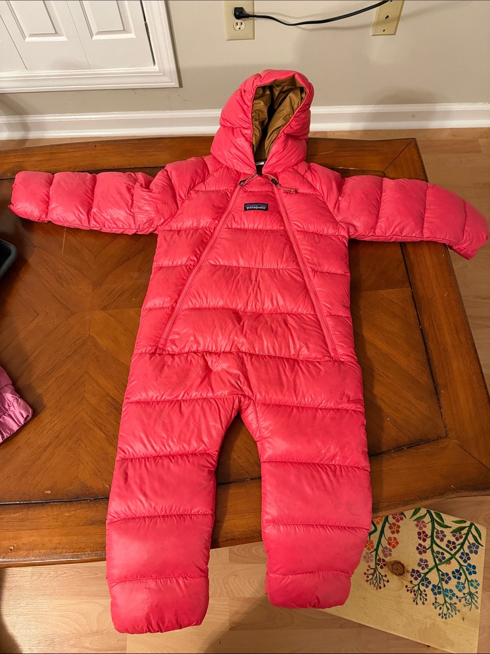 Patagonia Bright Pink Hooded Toddler Bunting with Brown Lining
